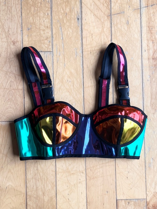 Club Exx Tops - Club Exx Rainbow Holographic Patent Bustier Crop Top Size Small